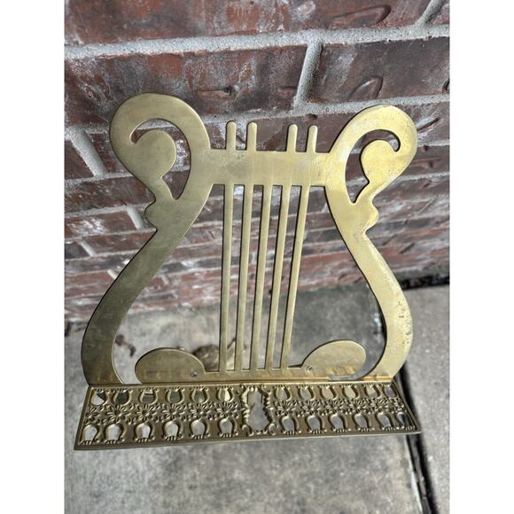 Vintage Brass Metal Lyre Harp Shaped Footed Music Stand Adjusts 36" To 50" Rare - Picture 5 of 8